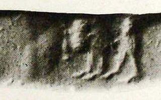 Stamp-cylinder seal: Two figures having sexual intercourse (cylinder image) – hunting dog (hound) chasing lion (stamp image)
