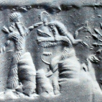 Hero fighting human-faced winged wild goat (ibex) beside stylised tree