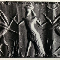 Hero grasping griffin on either side