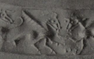 Stamp–cylinder seal: Animal scene: Fish-tailed hybrid creatures clashing next to rampant bull (cylinder image) – Fish-tailed hybrid creature (stamp image)