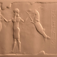 Hero grasping fish-man (kulullu) and goat-fish (suhurmashu)