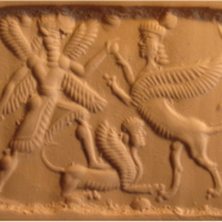 Winged hero fighting human-headed winged lion (shedu, sphinx) and steppin on a similar one