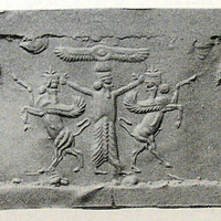 Royal hero grasping human-headed winged bull (aladlammu) on either side
