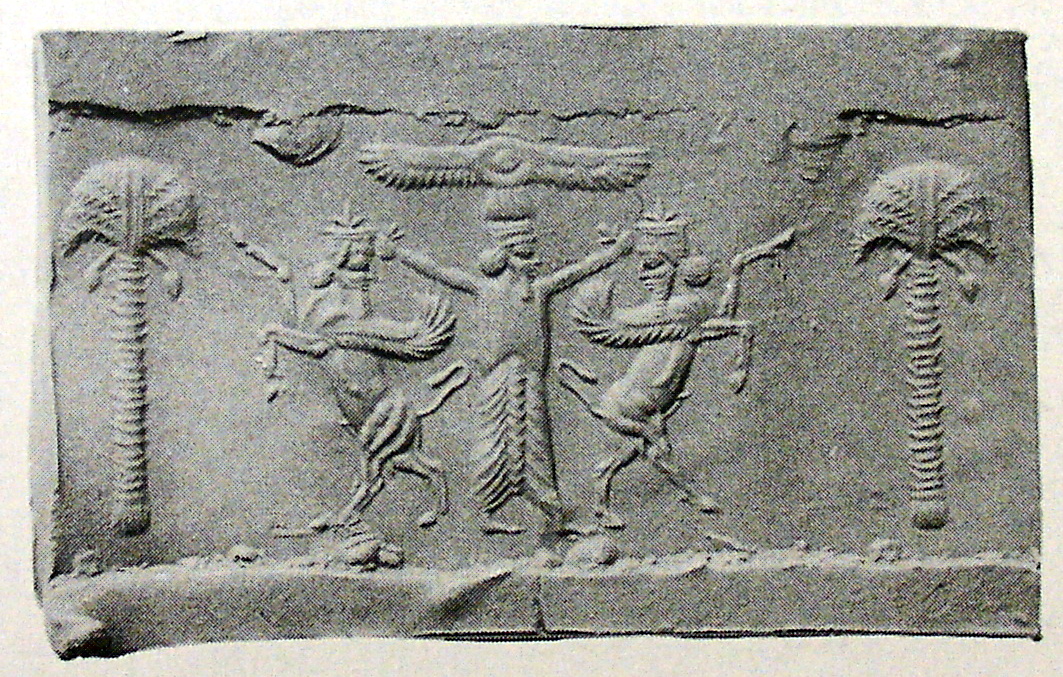 Royal hero grasping human-headed winged bull (aladlammu) on either side