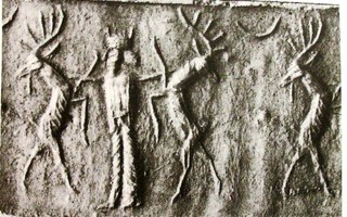 Royal hero grasping deer (stag) on either side