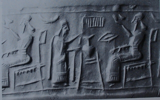 Pot-stand between king sitting on throne and his attendant