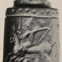 Stamp-cylinder seal: Horse-riding hero (spearman) pursuing griffin and scorpion-tailed quadruped (cylinder image) – winged stag (stamp image)
