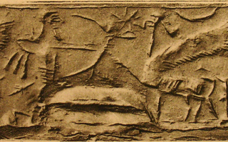 Hero (archer) hunting human-headed winged lion (shedu, sphinx)