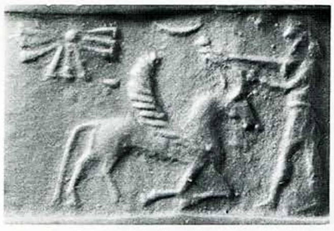 Hero taming winged bull or horse