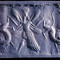 Winged hero carrying lion on either side