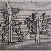 Two rampant, crossed bulls winged sun-disc - Two scorpion-tailed bird-men facing each other [dual scene]