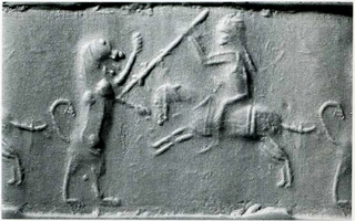 Horse-riding spearman hunting lion