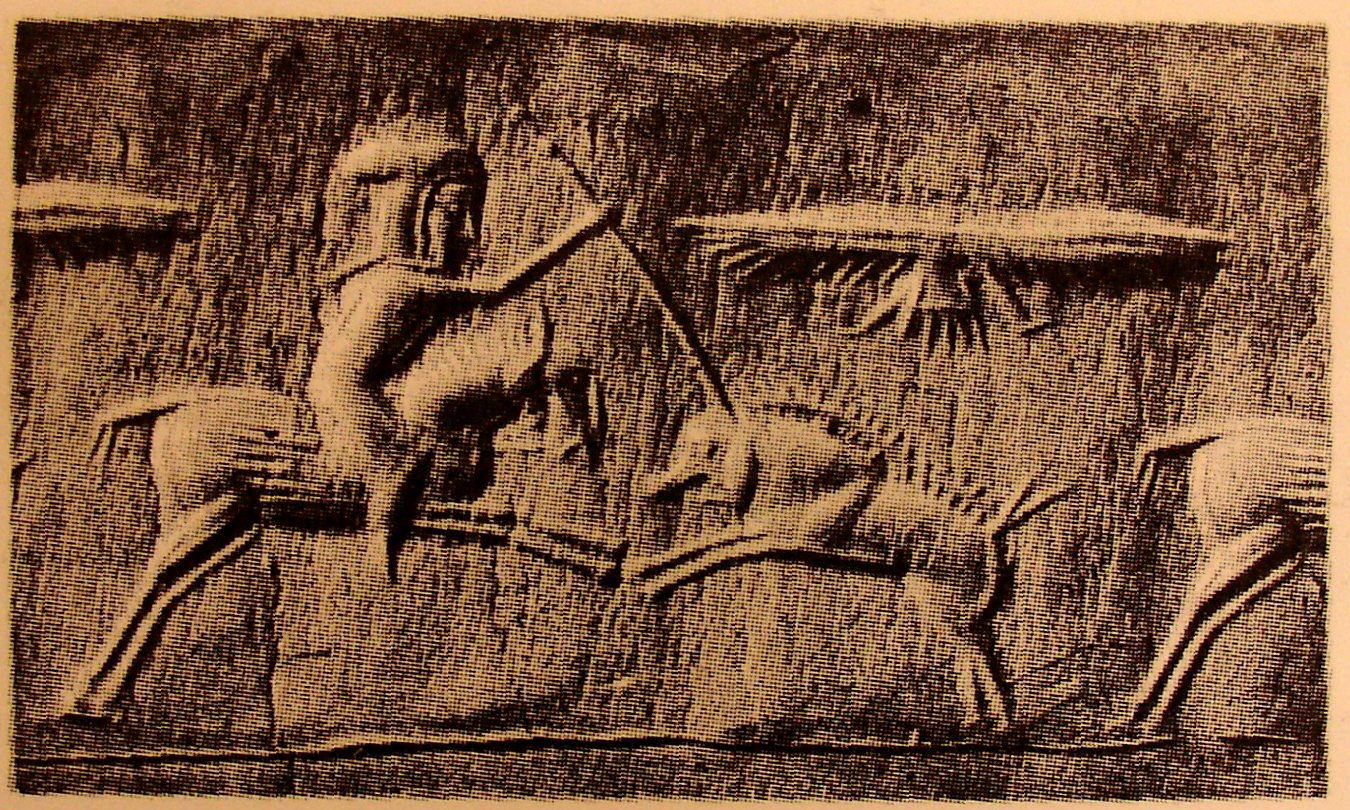 Horse-riding Median spearman hunting boar below a winged sun-disc