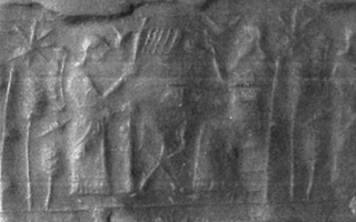 Table between king sitting on throne and his attendant