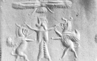 Royal hero grasping lion-dragon on either side