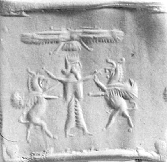 Royal hero grasping lion-dragon on either side