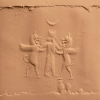 Royal hero grasping lion-griffin on either side