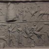 Quadruple scene (seal image divided into two registers): Contest scene (1) depicting hero grasping winged bull and leonine creature fighting deer (stag)/Ritual scene (1) depicting wild goat (ibex) under winged sun-disc/Ritual scene (2) depicting human-hea