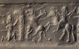 Stamp-cylinder seal: Dual scene: Hunting and warfare scene depicting archer, spearman, horse-riding spearman hunting lion attacking bull (cylinder image) – lion-dragon (stamp image)