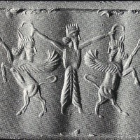 Royal hero grasping human-faced winged wild goat (ibex) on either side