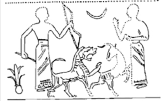 Lion attacking bull flanked by hunter (archer) and worshipper