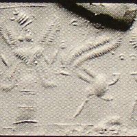 Four-winged goddess  (wind demon[?]) grasping griffin on either side