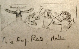 Median hero fighting rampant lion attacked by dog (hound) beside winged sun-disc and bird (dual scene?)