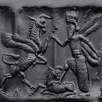 Winged hero fighting winged bull and stepping on bull