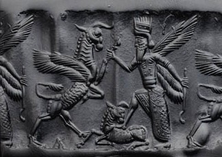 Winged hero fighting winged bull and stepping on bull