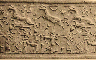 Hunting and warfare scene: Horse-riding swordsman hunting bull – Warfare scene: City under siege [triple scene in two registers]