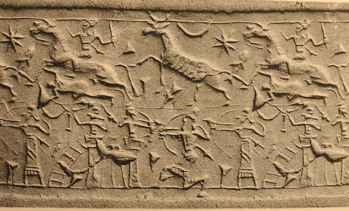 Hunting and warfare scene: Horse-riding swordsman hunting bull – Warfare scene: City under siege [triple scene in two registers]