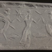 Hero grasping human-headed winged lion (shedu, sphinx) on either side