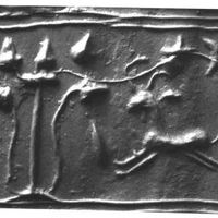 Bull galloping towards stylised plant