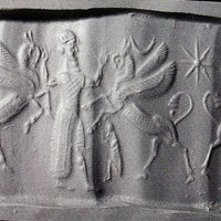 Hero grasping winged bull on either side