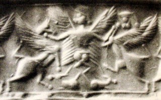 South Wind grasping winged horse and human-headed winged lion (shedu, sphinx) while standing on two gazelles (antelopes)