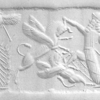 Hero fighting winged bull while trampling on a similar one