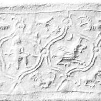 Stamp-cylinder seal: Miscellaneous scene depicting hunters, animals, a hybrid creature and astral symbols