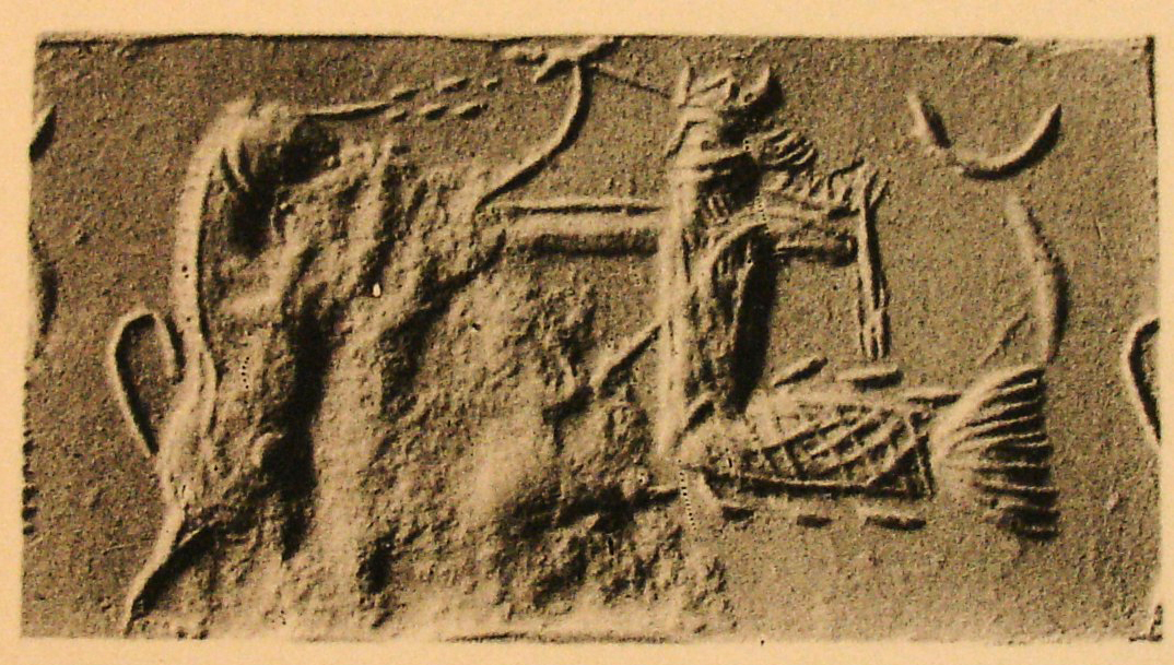 Crowned fish-man (kulullu) hunting rampant lion