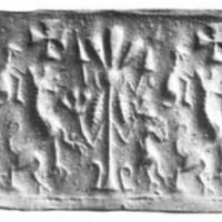 Rampant lion and bird flanking stylised tree