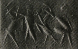 Hero grasping wild goat (ibex) on either side next to scorpion-tailed bird-man (unfinished)