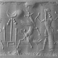 Hero grasping winged bull on either side