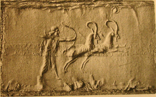 Persian archer hunting two wild goats (ibexes)