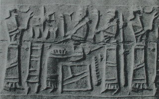 Pot-stand between king and his attendant, and another attendant behind the king