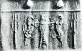 Stamp-cylinder seal: Royal hero grasping lion on either side (cylinder image) – human-headed winged lion (lamassu, sphinx) below a crescent moon (stamp image) – eight-rayed star (stamp image on the handle)