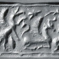Griffin attacking winged bull