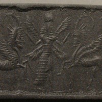 Winged hero grasping human-faced winged wild goat (ibex) on either side