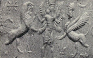 Winged hero grasping lion and human-headed winged lion (shedu, sphinx)