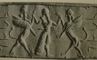 Hero grasping human-headed winged lion (lamassu, sphinx) on either side