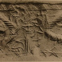Two human-faced winged wild goats (ibexes) flanking stylised plant