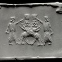 Two royal heroes fighting two Bes-headed lions (sphinxes)